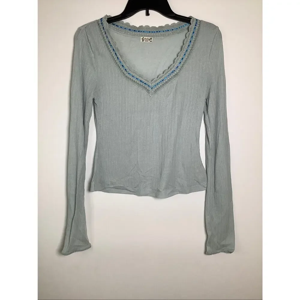 Free People Women's Small Ice Blue Only You Long Sleeve Cropped Top Boho D24-3